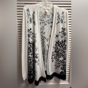 Christina Cardigan Duster Sweater White with Black Leaf Pattern Size Small
